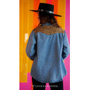 Mid Wash Denim Button Down Shacket W Leopard Yoke