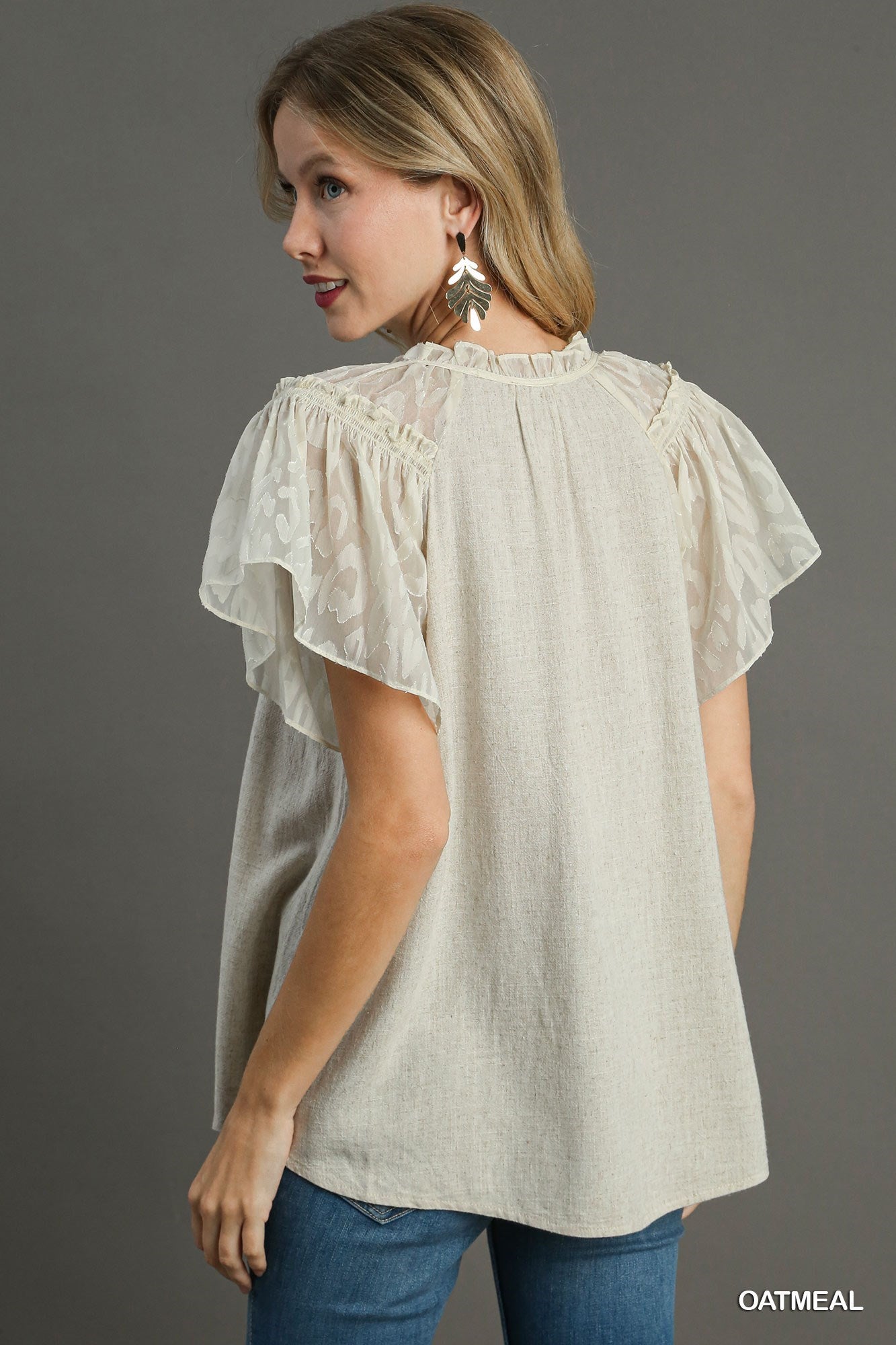 Linen Animal Jacquard Raglan Sleeve Top with Front Tie