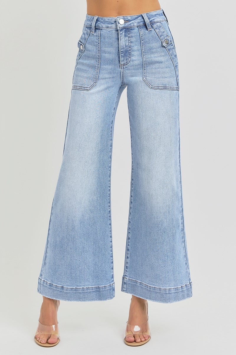 High Rise-Ankle Wide Leg-Patch Front Pocket Jeans