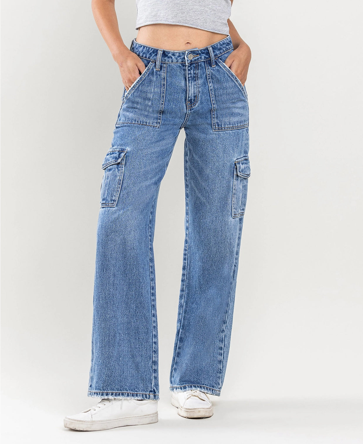 High Rise Wide Leg Cargo Blocked Jeans
