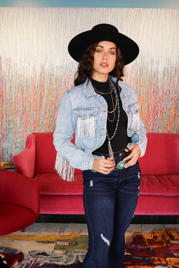Stone Wash Crop Jacket W All Around Fringe