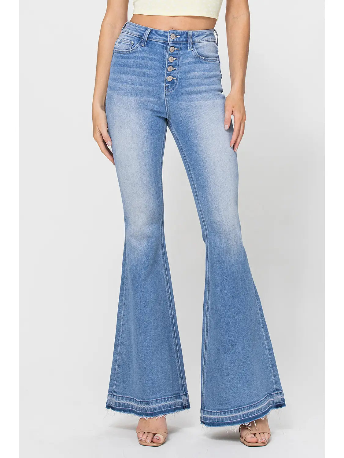 High Rise Button Fly Raw Hem Super Flare