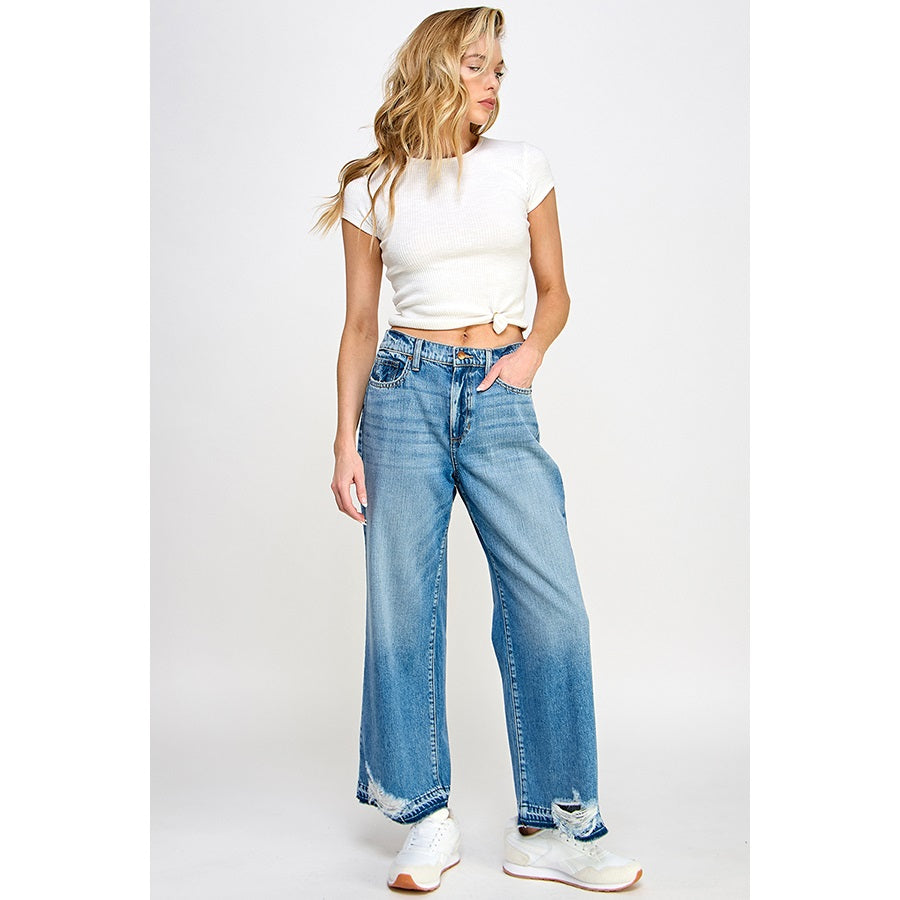 High Rise Wide Leg with Distressed Release Hem
