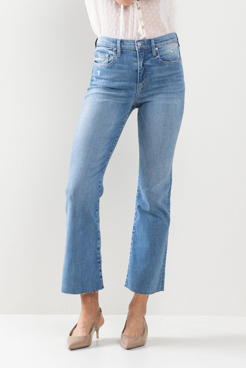 Sneak Peek High Rise Kick Flare Jeans with Raw Cut