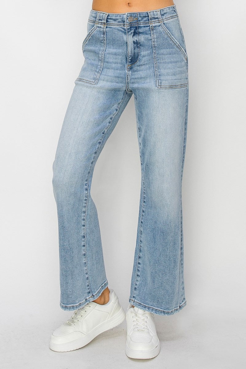 High Rise Patch Pockets Ankle Flare Pants