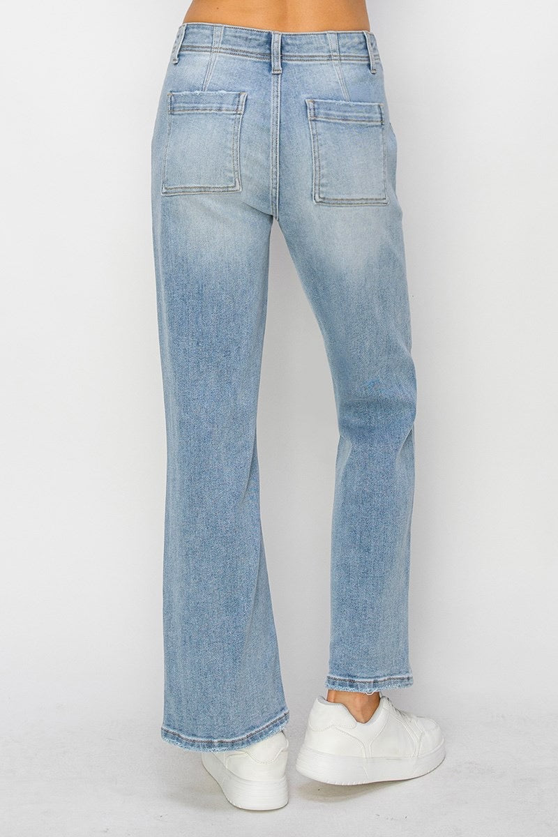 High Rise-Ankle Flare-Patch Pocket Jeans
