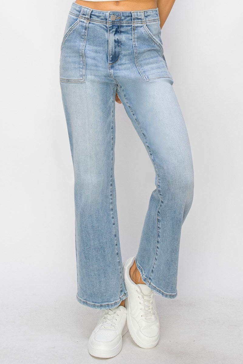 High Rise-Ankle Flare-Patch Pocket Jeans