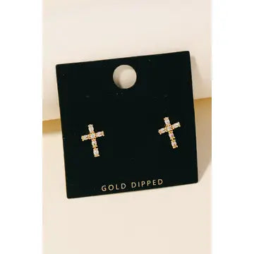 Gold Dipped Cz PaveCross Stud Earrings