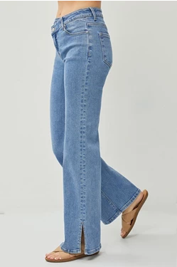 Mid Rise Cross Over Side Slit Straight Jeans