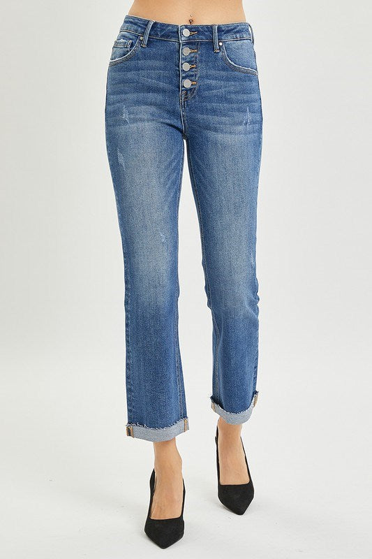 High Rise Crop Straight Button Fly Jeans