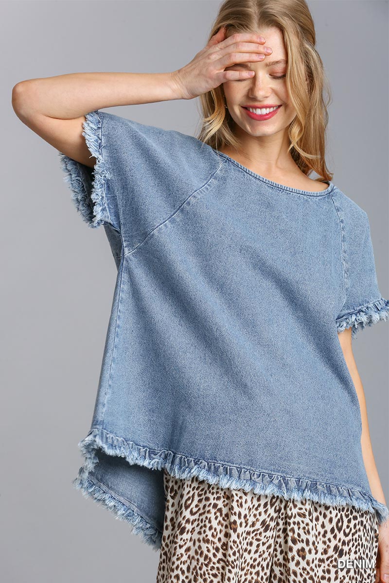 Denim Short Sleeve Pintuck Round Neck High Low Top with Fringe Hems