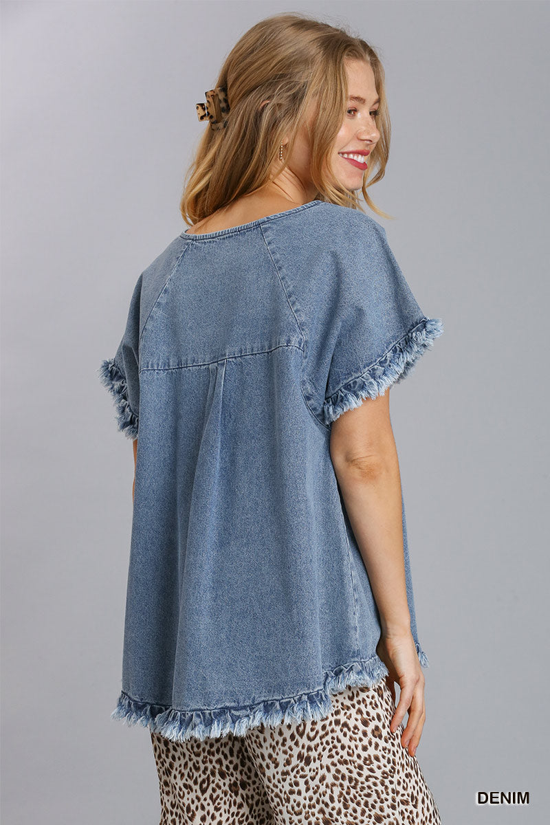 Denim Short Sleeve Pintuck Round Neck High Low Top with Fringe Hems