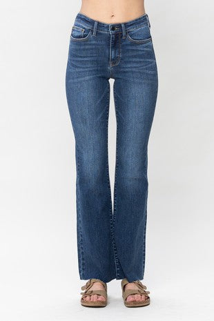 Mid Rise Harsh Contrast Wash & Cut Hem Bootcut