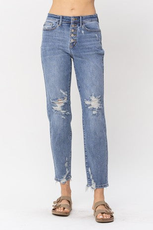 High Waist Button Fly w/Destroy Boyfriend