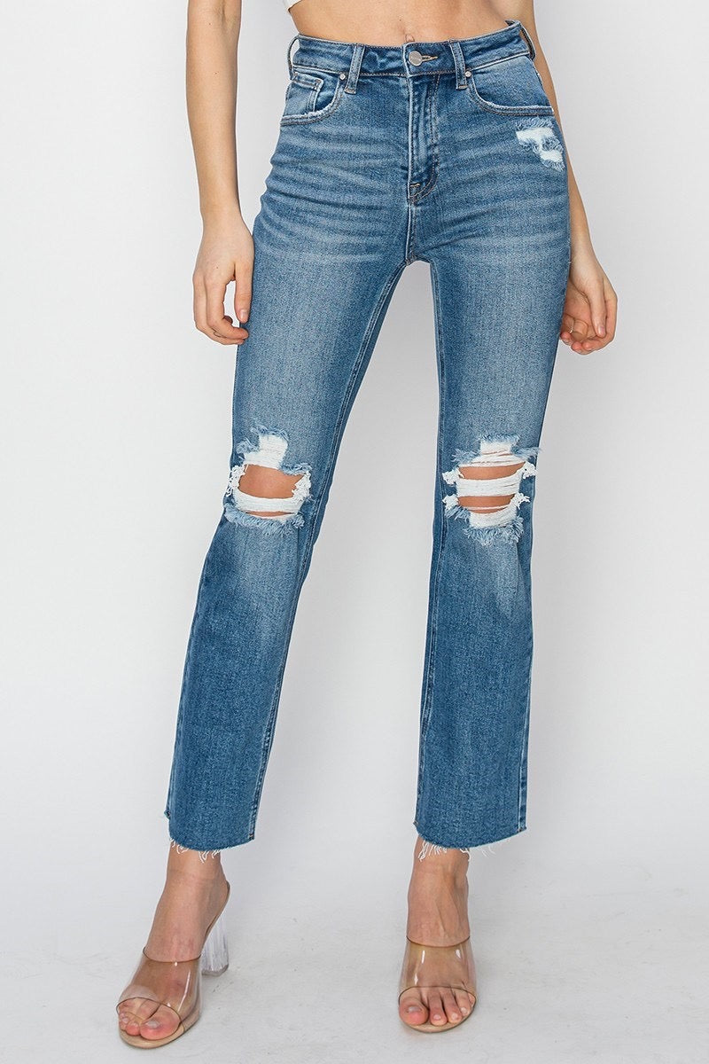Risen High Rise Knee Distressed Ankle Jeans