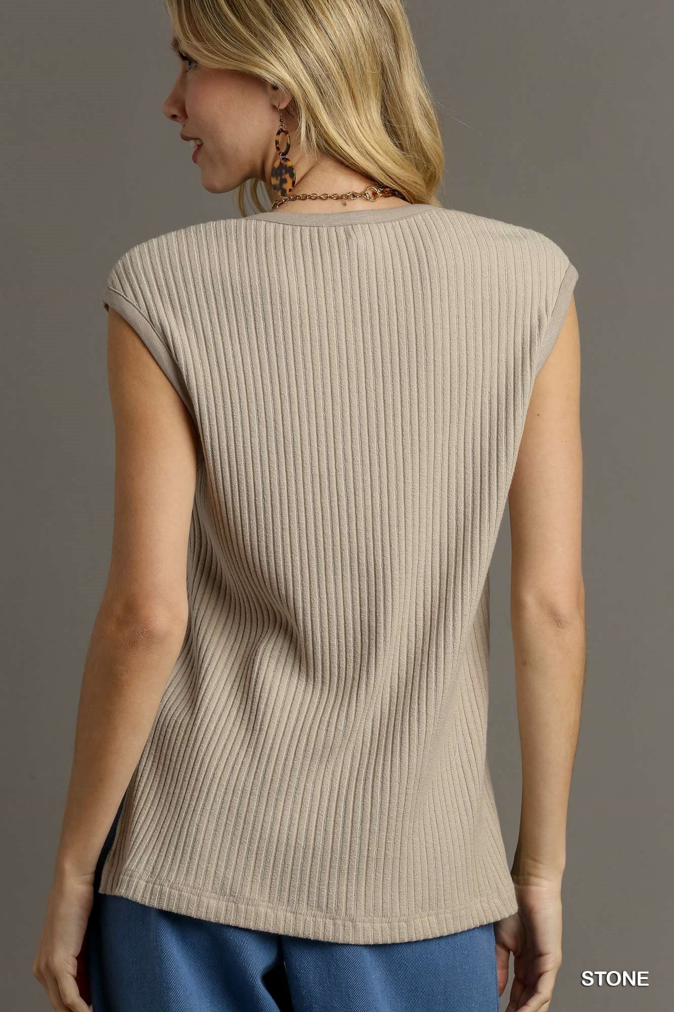 V-Neck Sleeveless Boxy cut Rib Knit Top with Side Slits