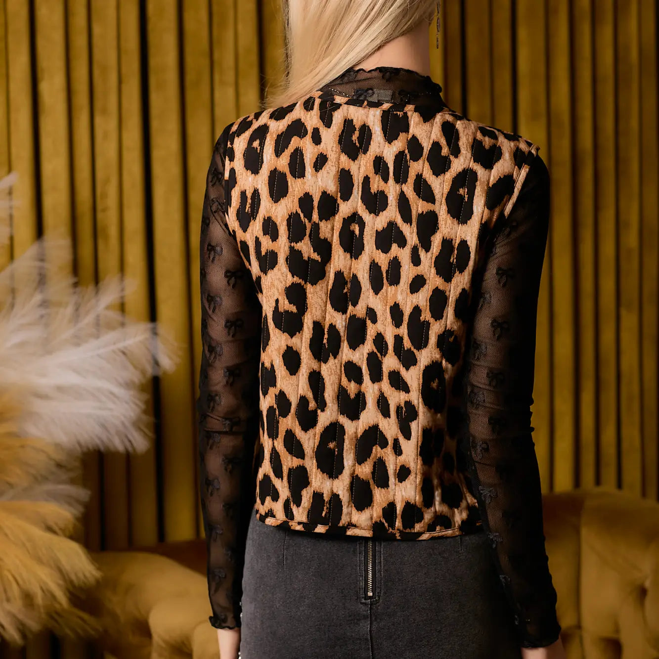 Leopard Quilted Vest with Front Ribbon Bow Tie