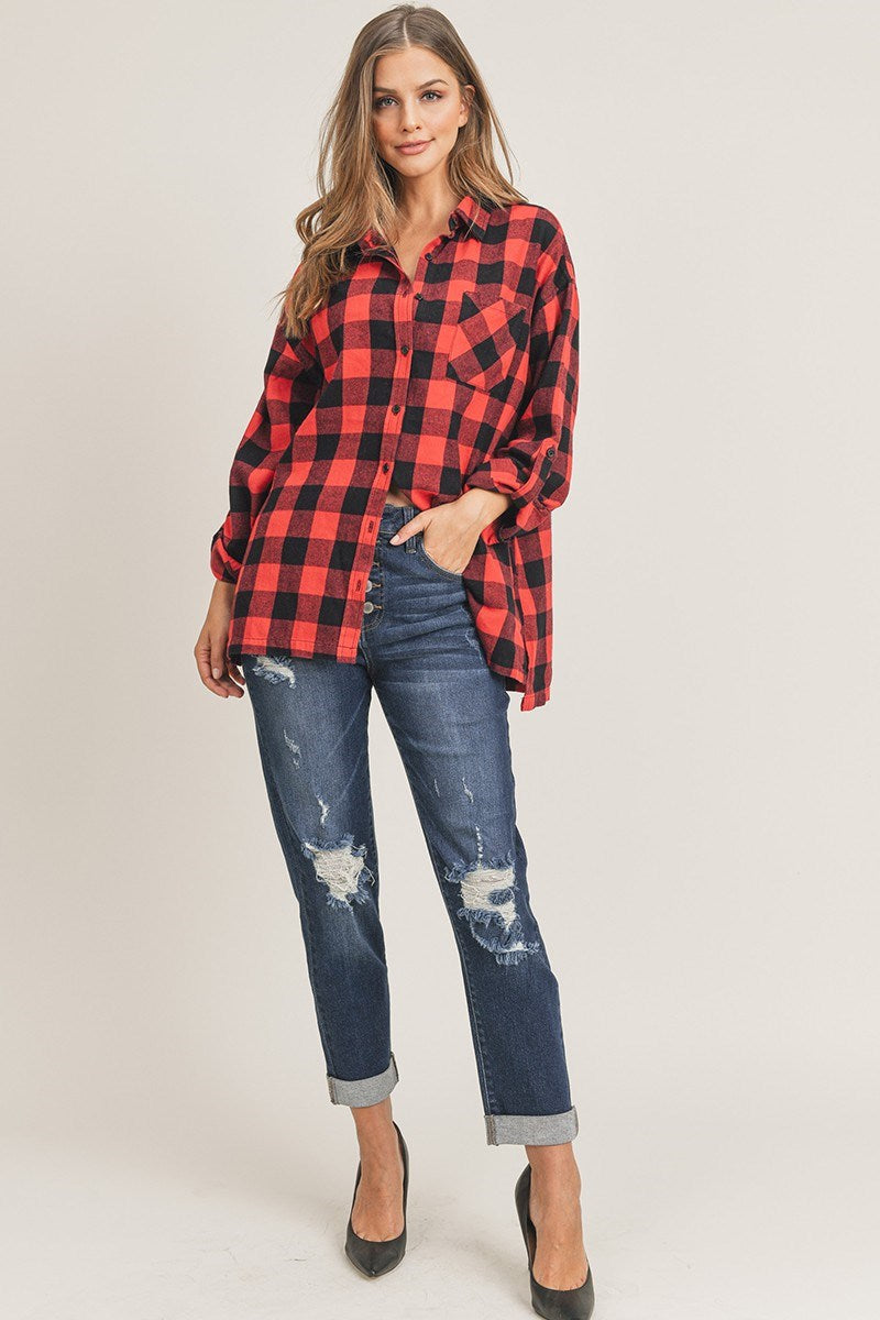 Buffalo Plaid Oversized Flannel Shirts With Pockets