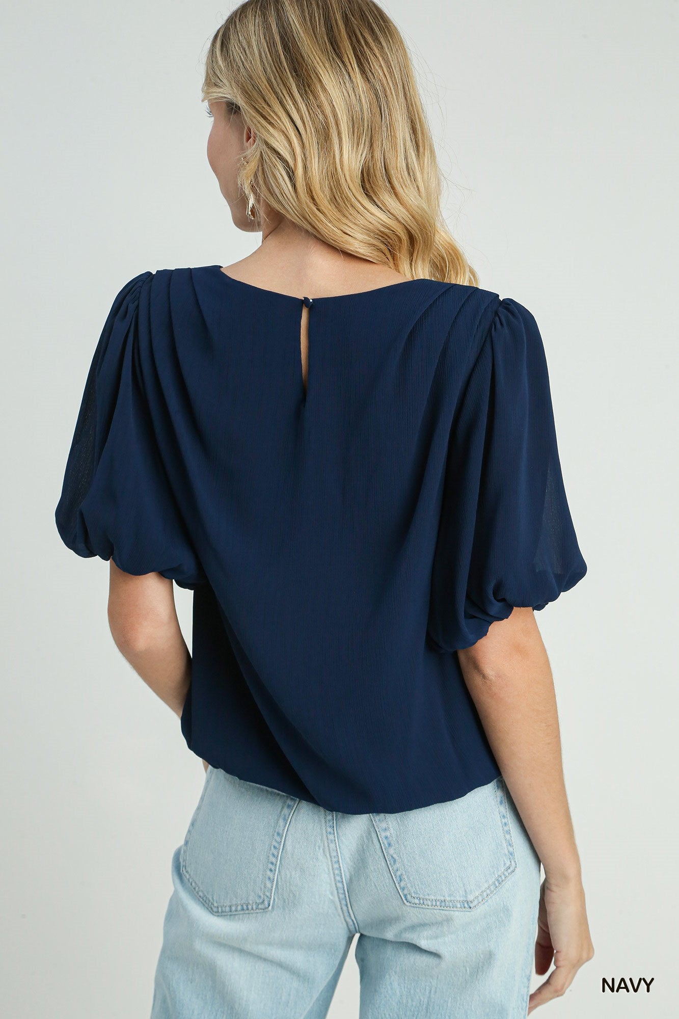 Pleated Bubble Sleeve and hem Top with Back Button Keyhole