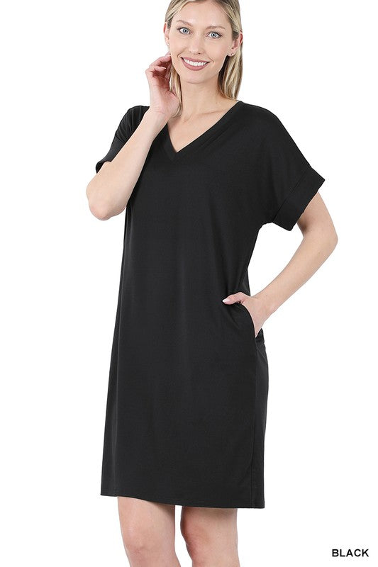 Brushed Dty Rolled Short Sleeve V-Neck Dress
