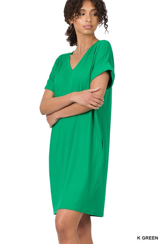 Brushed Dty Rolled Short Sleeve V-Neck Dress
