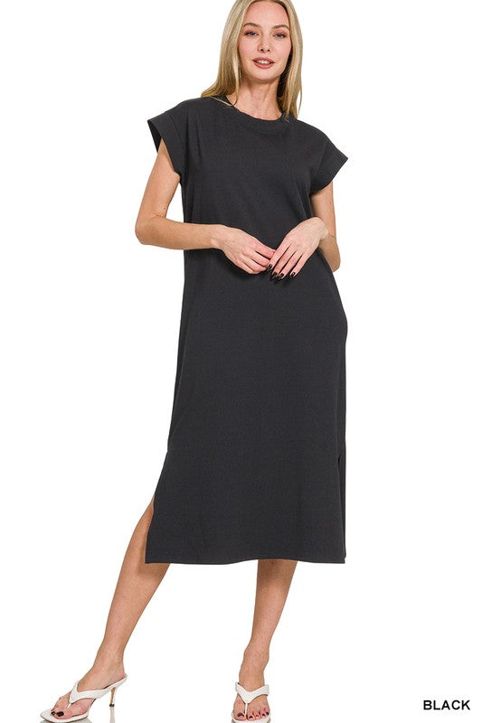 French Terry Sleeveless Round Neck Midi Dress
