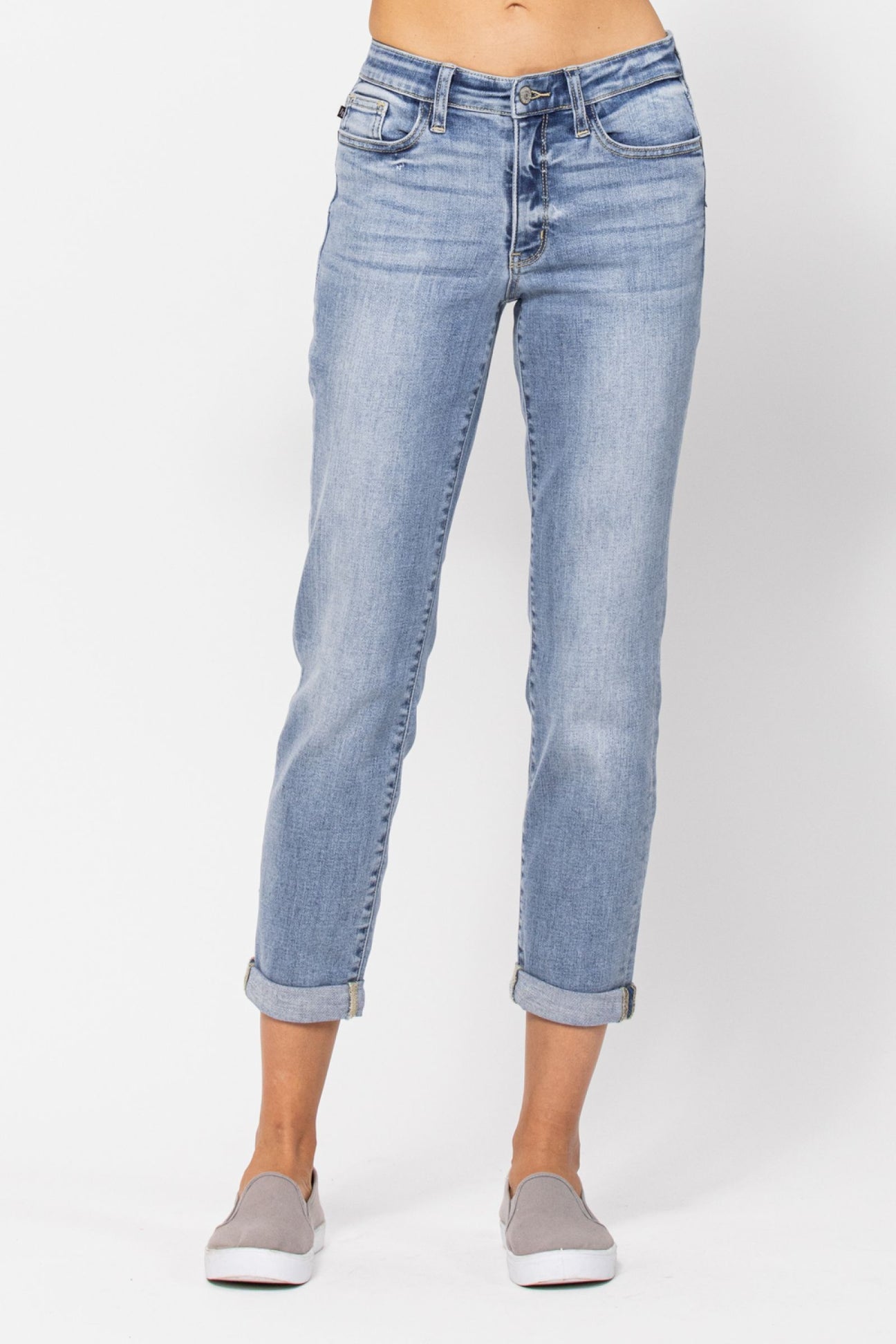 Distressed Boyfriend Jeans with Roll Up Hem