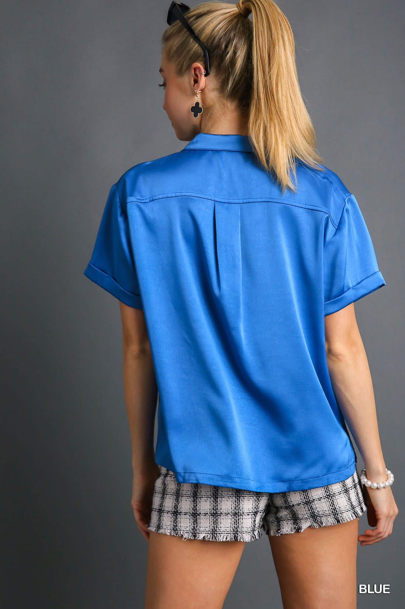 Embossed Satin Button Down Top with Chest Pocket