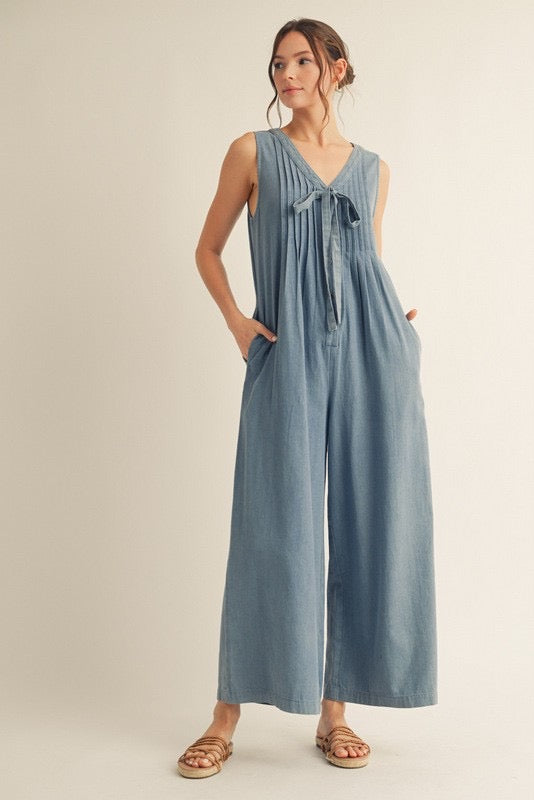 Pintuck Detail Wide Leg Denim Jumpsuit