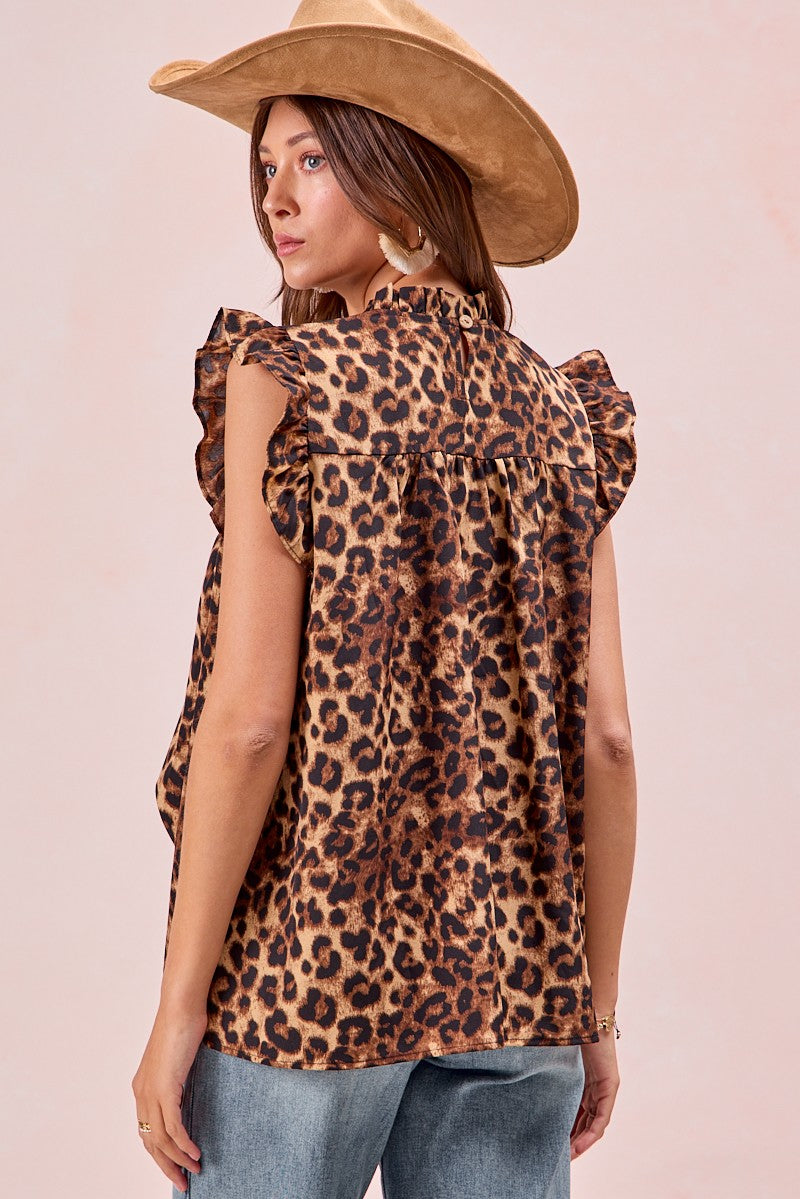 Shirred Yoke Ruffled Armhole Top With Back Keyhole