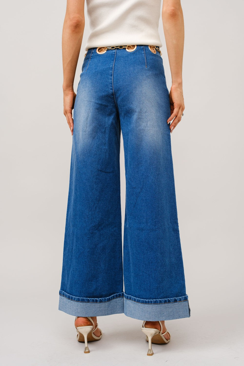 Gold Grommet Chain Belt Wide Leg Denim Jeans