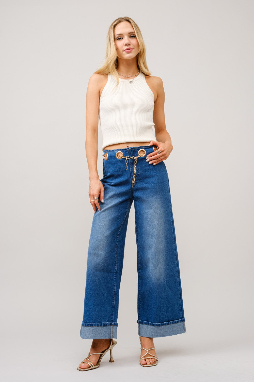 Gold Grommet Chain Belt Wide Leg Denim Jeans
