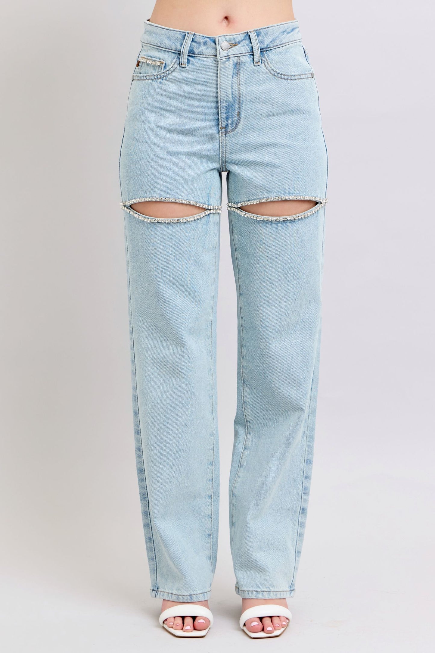 Rigid Magic Rhinestone Slits Detail Straight Jean