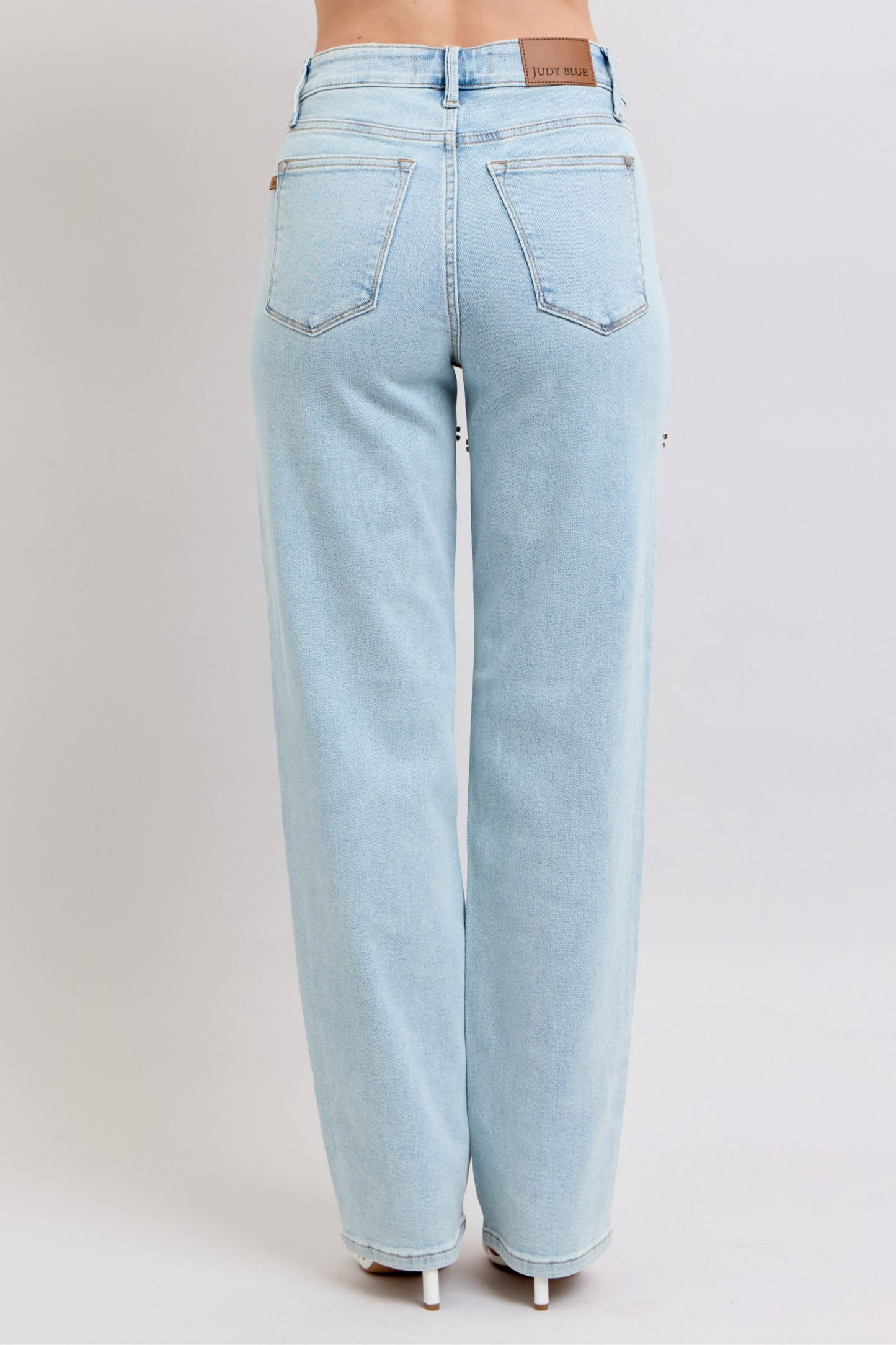 Rigid Magic Rhinestone Slits Detail Straight Jean