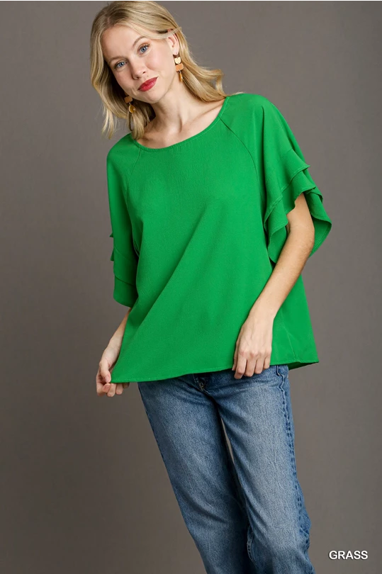 Boxy Cut Wide Neck Blouse with Layered Ruffle Sleeves