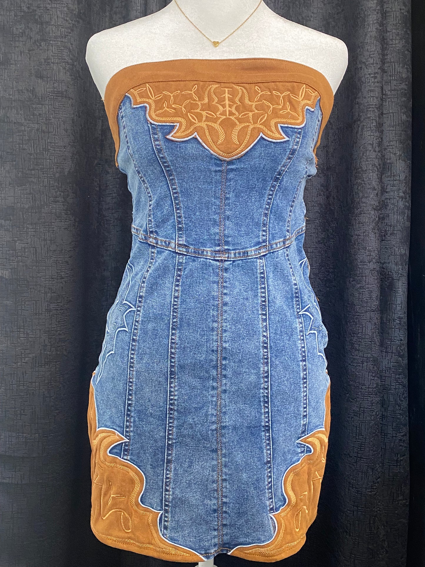 Stone Wash Denim Dress With Camel Suede Boot Stitch Embroidery Patch Detail