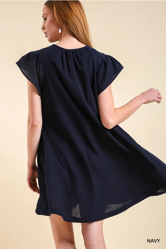 Front Pleated Ruffle Trim Bodice Detail Dress