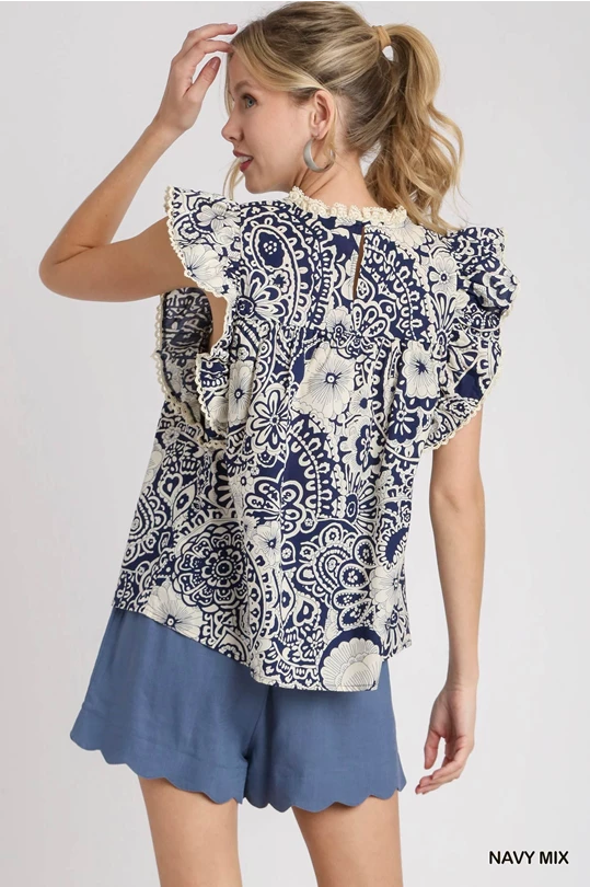 Two Tone Boxy Cut Print Top with Flutter Ruffle Sleeves & Lace Trim Detail