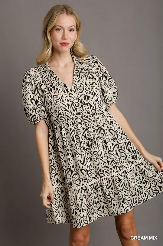 V-Neck Collared Print Dress with Short Balloon Sleeves