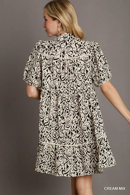 V-Neck Collared Print Dress with Short Balloon Sleeves
