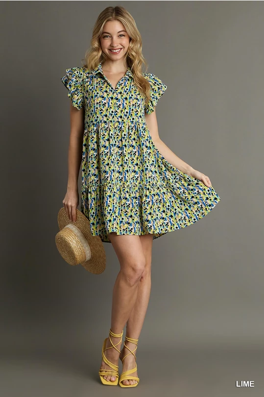 Collared Printed Tiered Short A-Line Dress With Ruffle Sleeves