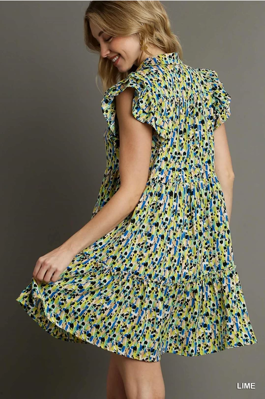 Collared Printed Tiered Short A-Line Dress With Ruffle Sleeves