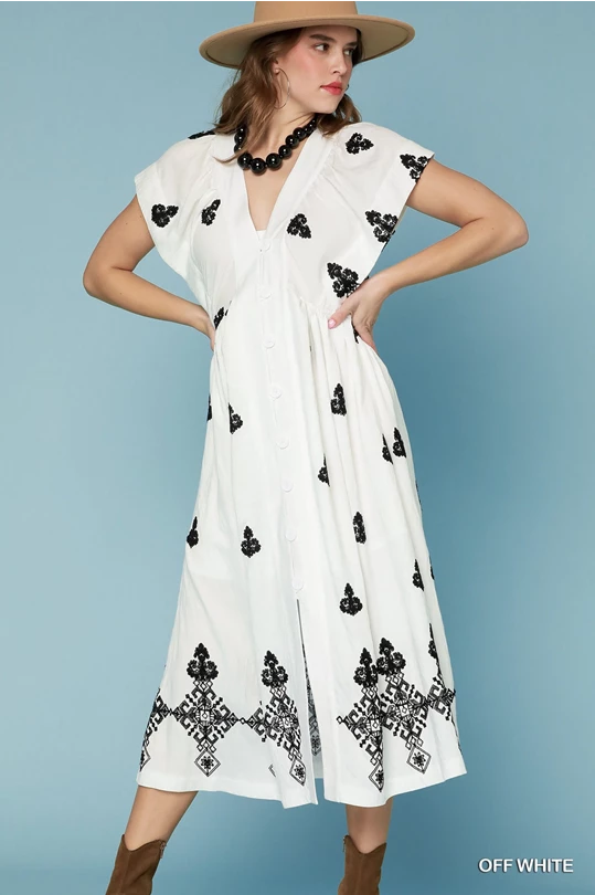 Embroidered V-Neck Midi Dress