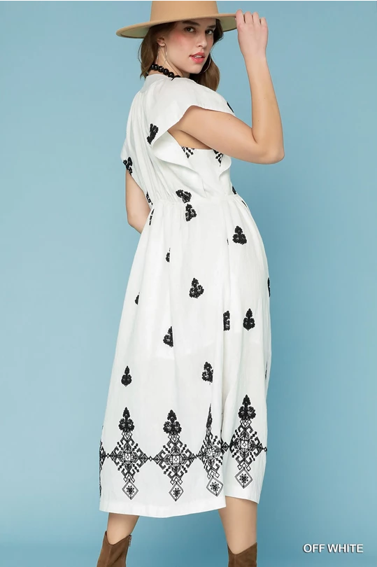 Embroidered V-Neck Midi Dress