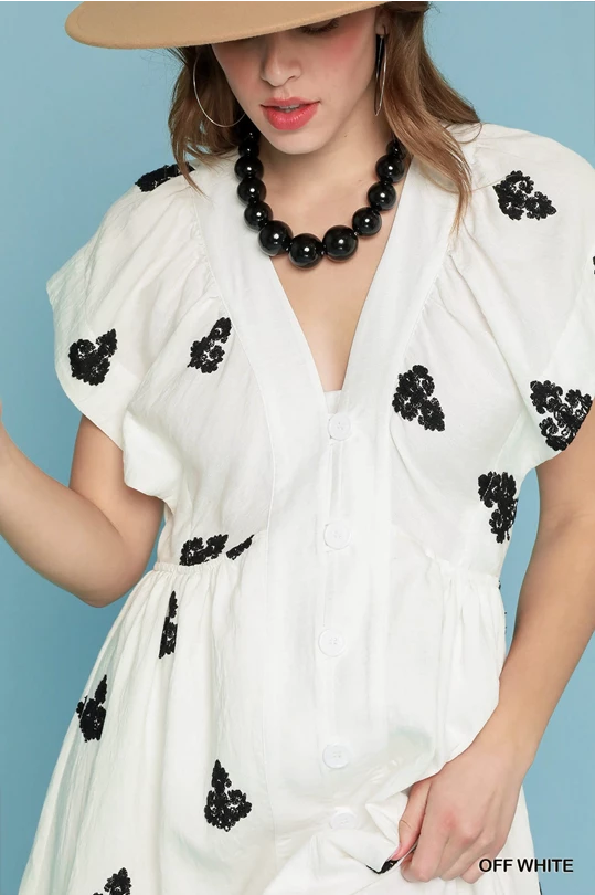 Embroidered V-Neck Midi Dress