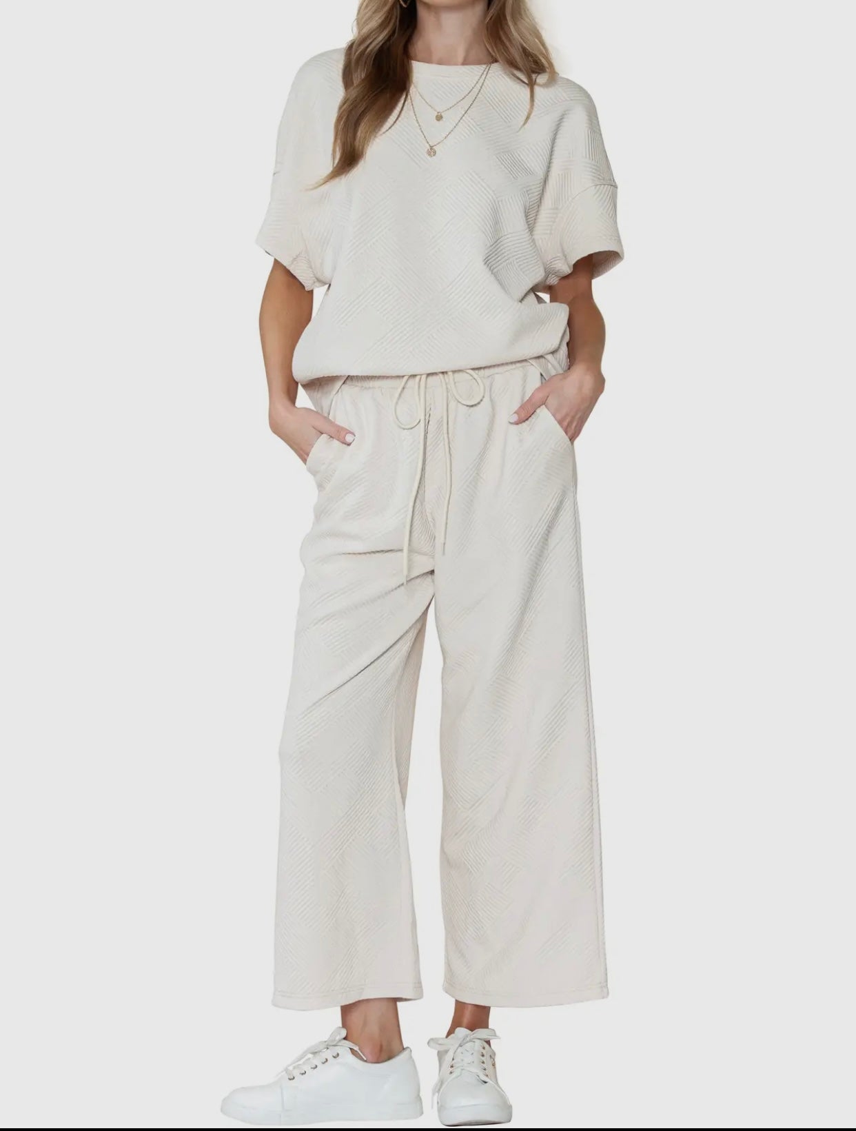 Ribbed Textured Loose Fit T Shirt And Drawstring Pants Set