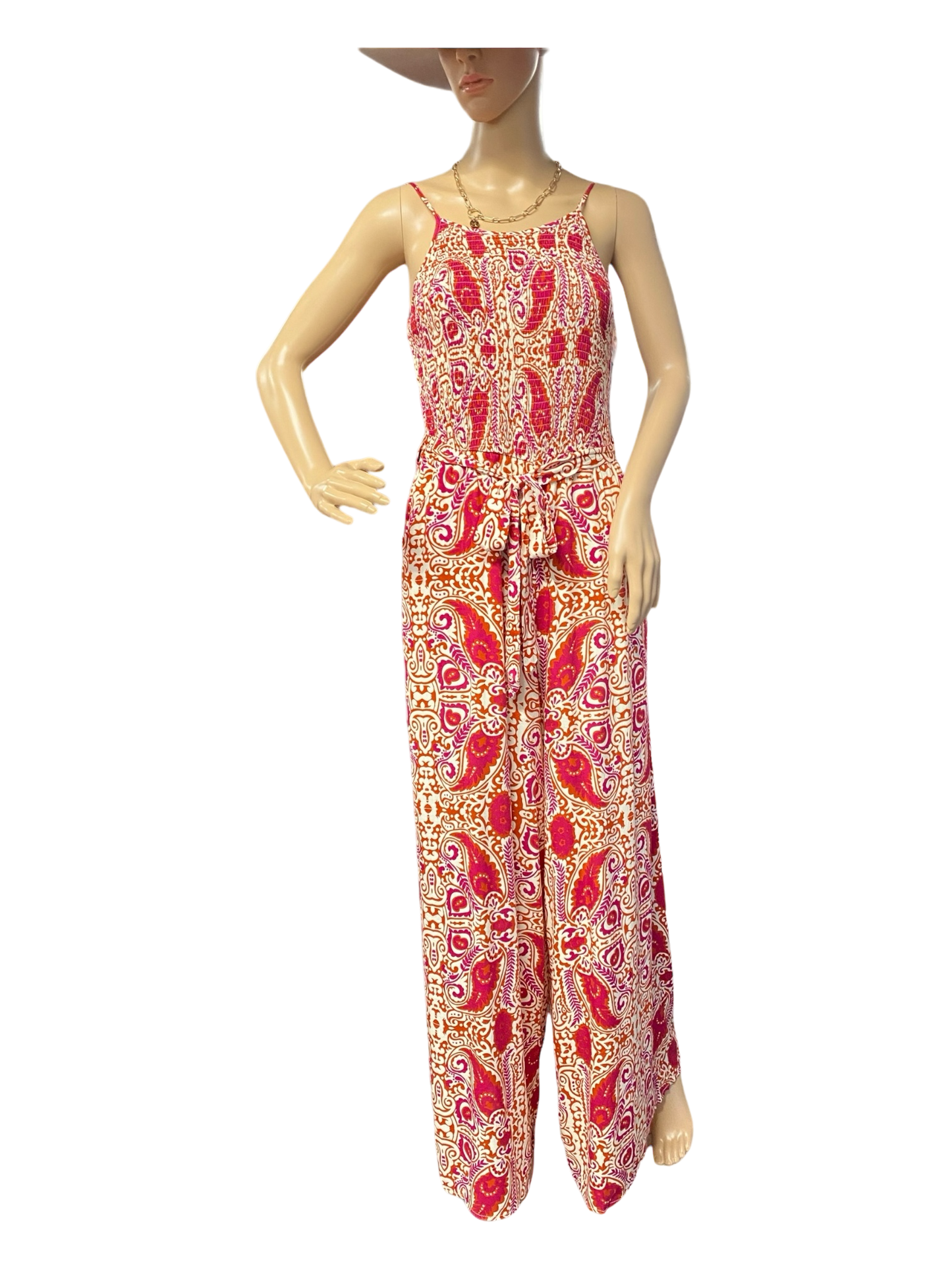 Smoked Woven Print Tube Jumpsuit With Waist Tie