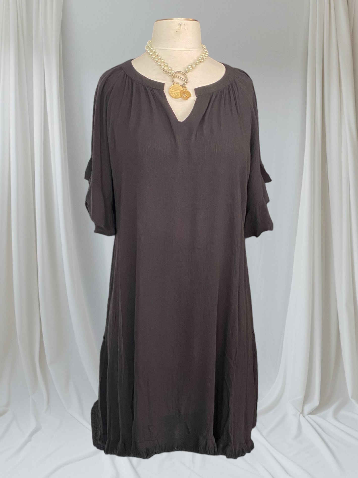 Split Neck Short Ruffle Sleeve Back Tiered Dress with No Lining and Frayed Hem