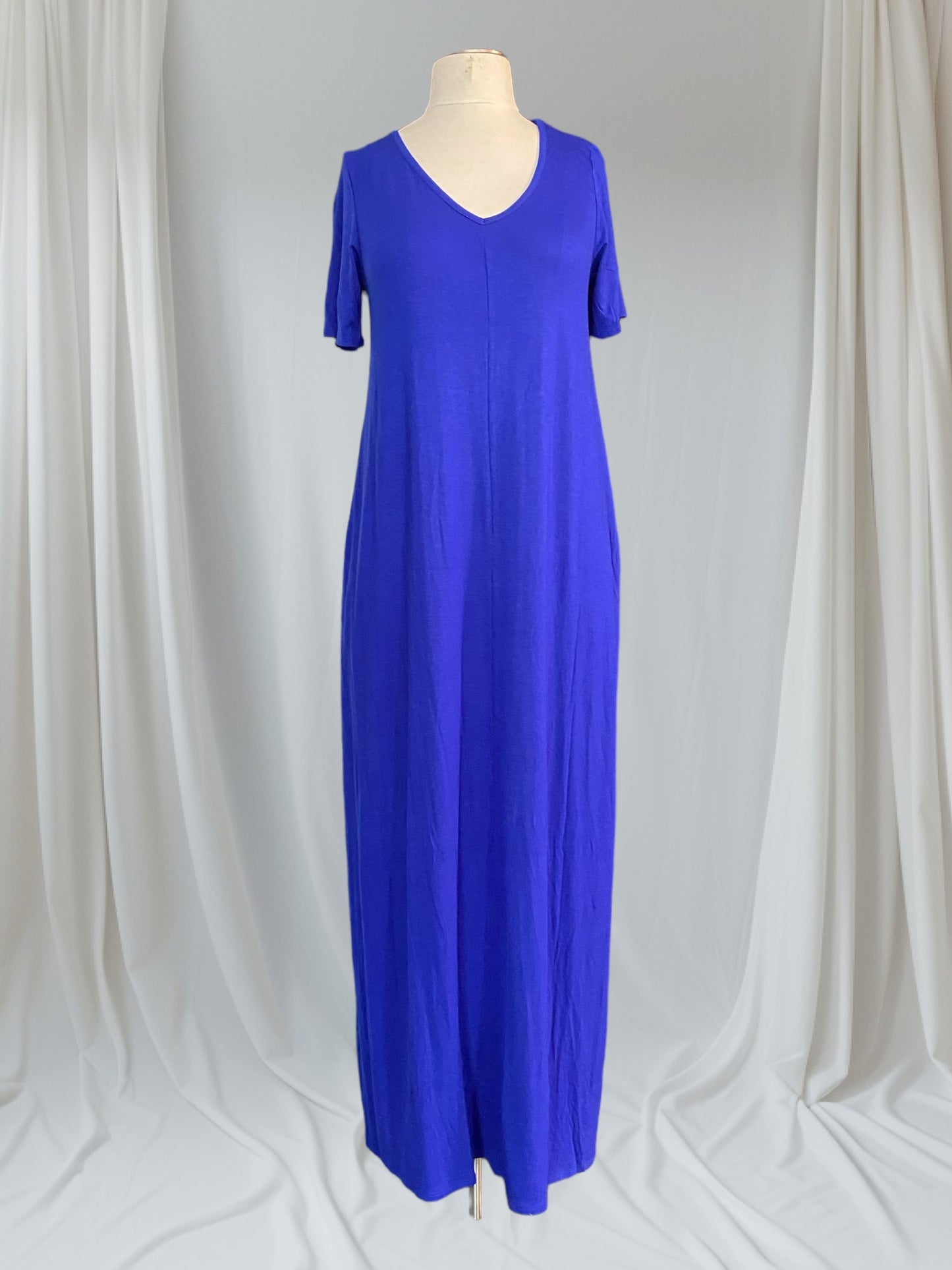 Basic Short Sleeve V Neck Maxi Dress W Pockets