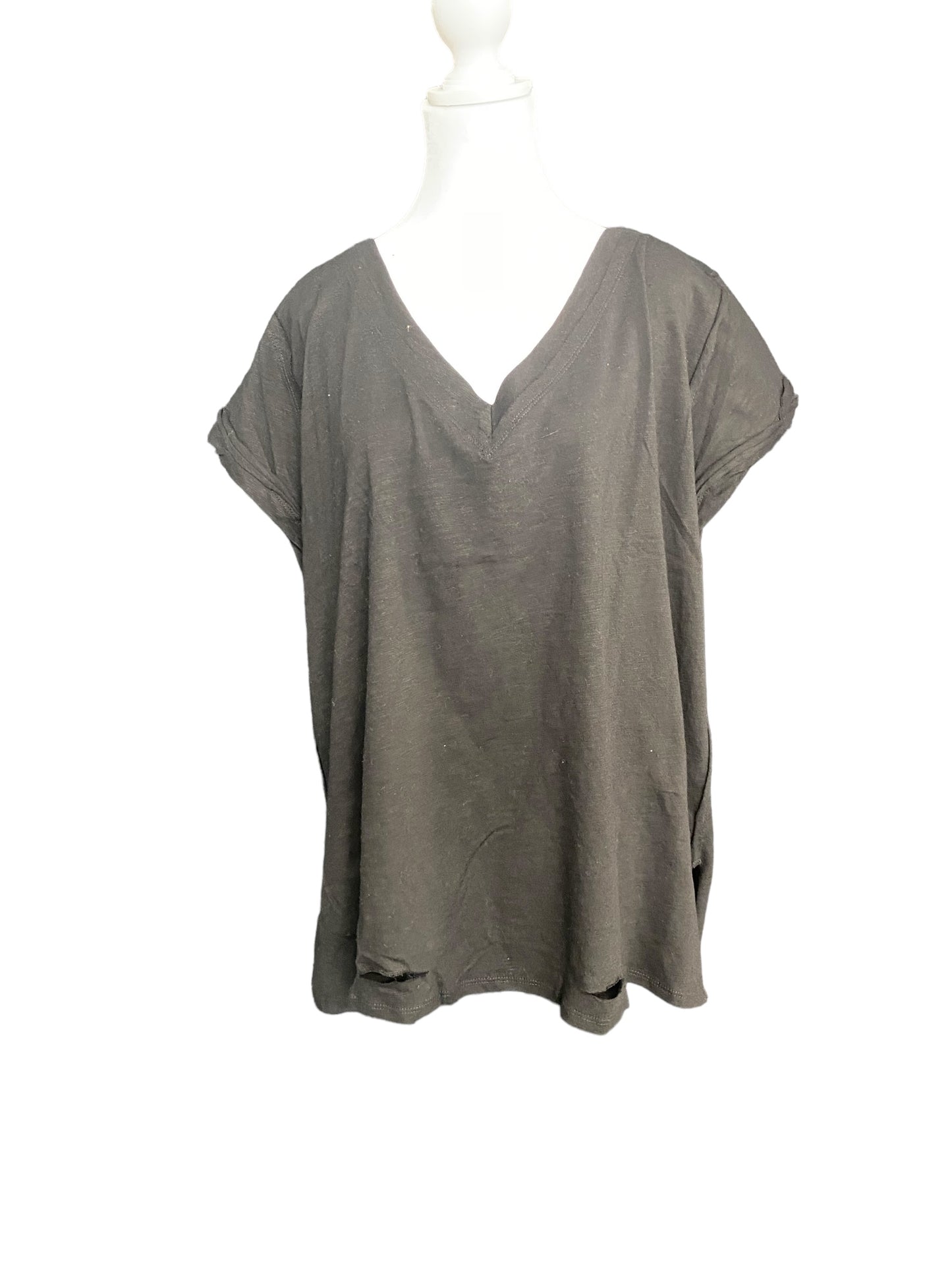 Gathered Short Sleeve V-Neck Knit Top with a Distressed Hem and Side Slits